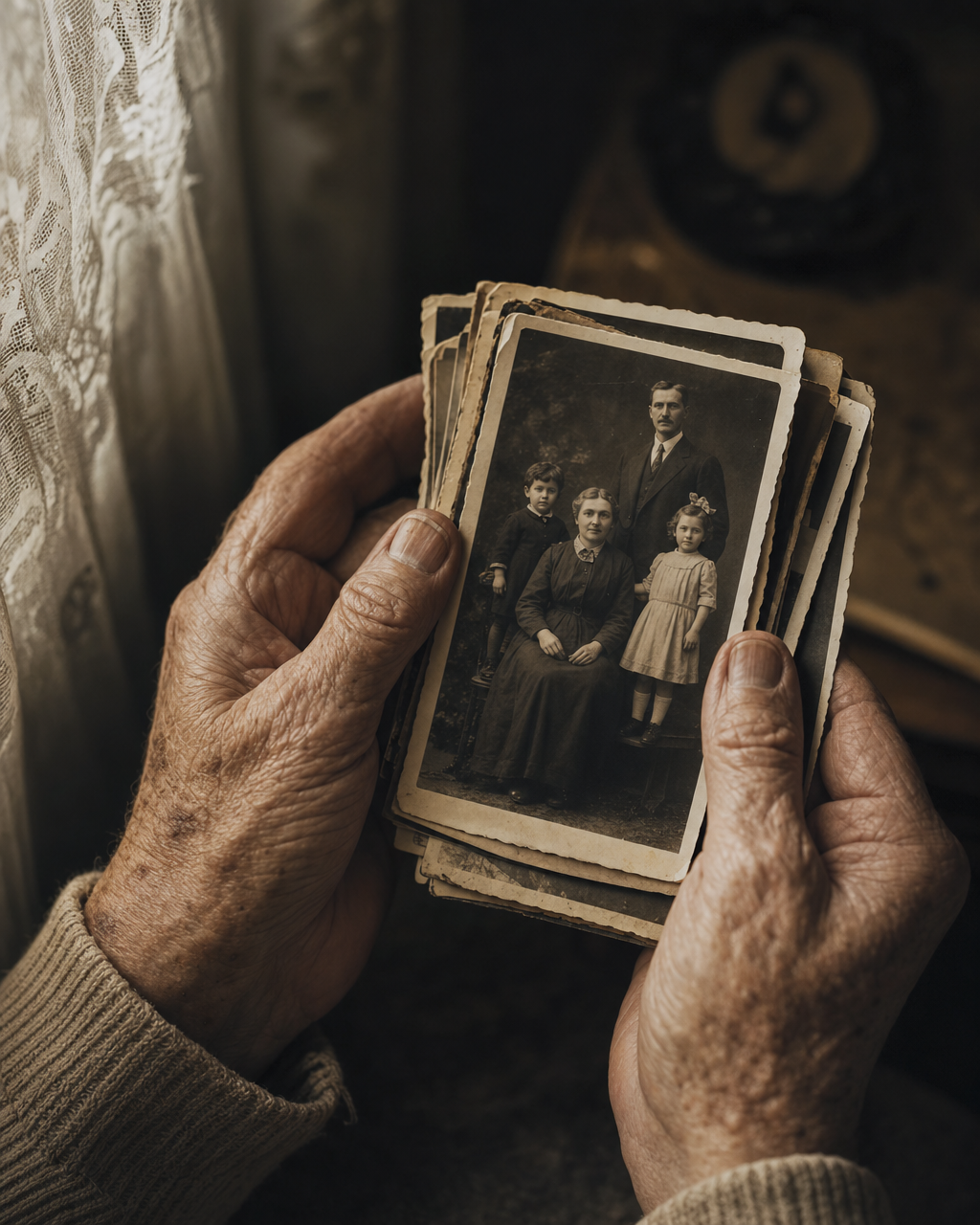 Elderly hands holding a stack of treasured vintage family photographs